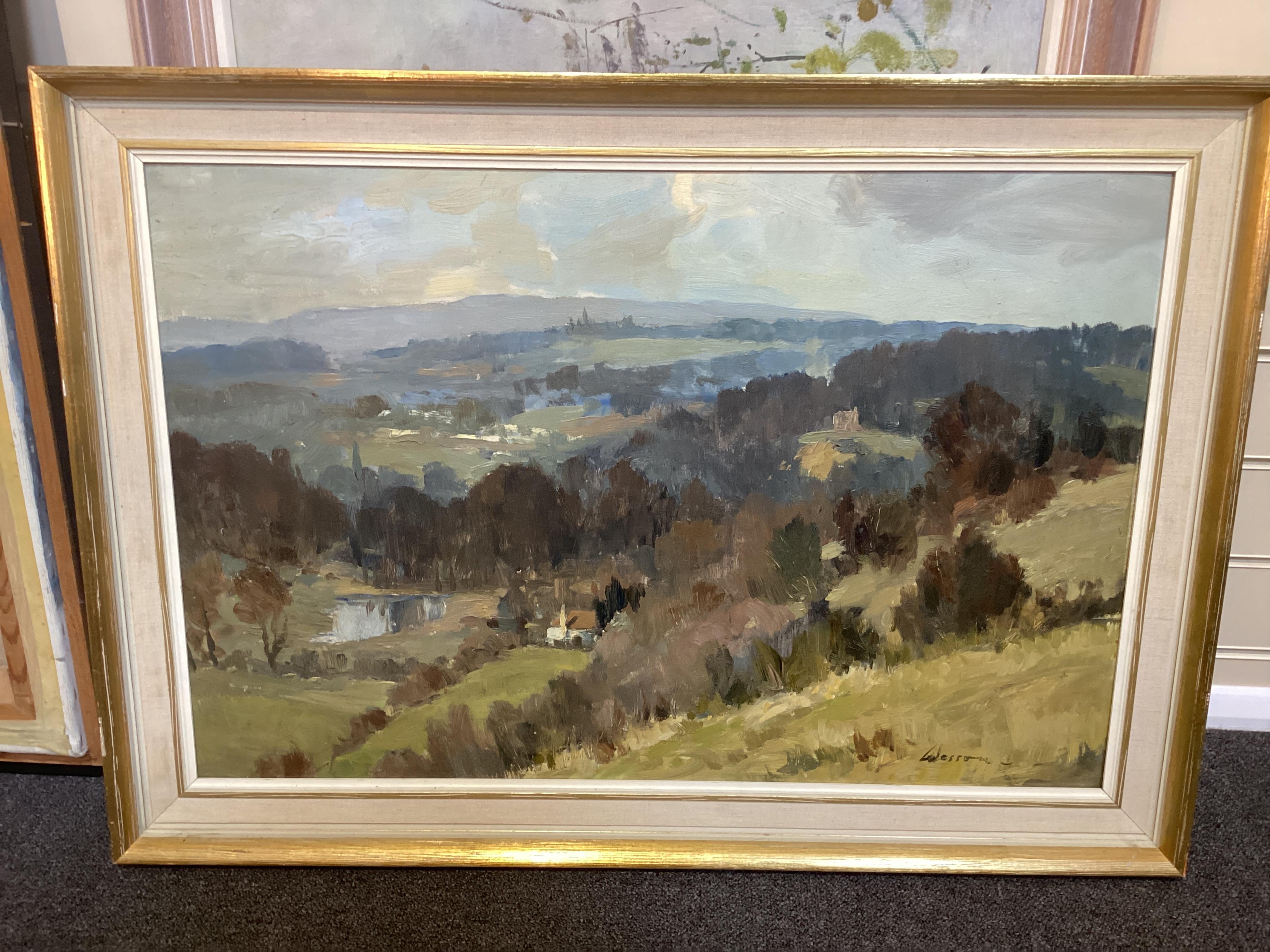 Edward Wesson RI RSMA (British, 1910-1983), 'The Chantries from Pewley Hill', oil on board, 50 x 75cm